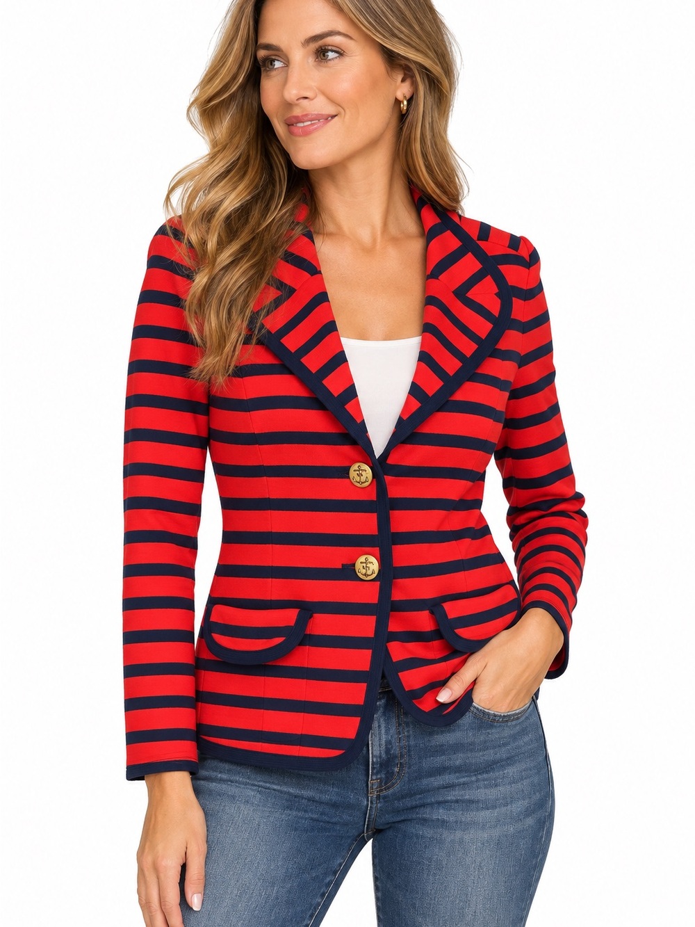CAbi Red Navy Striped Nautical Blazer Jacket Anchor Buttons Size M